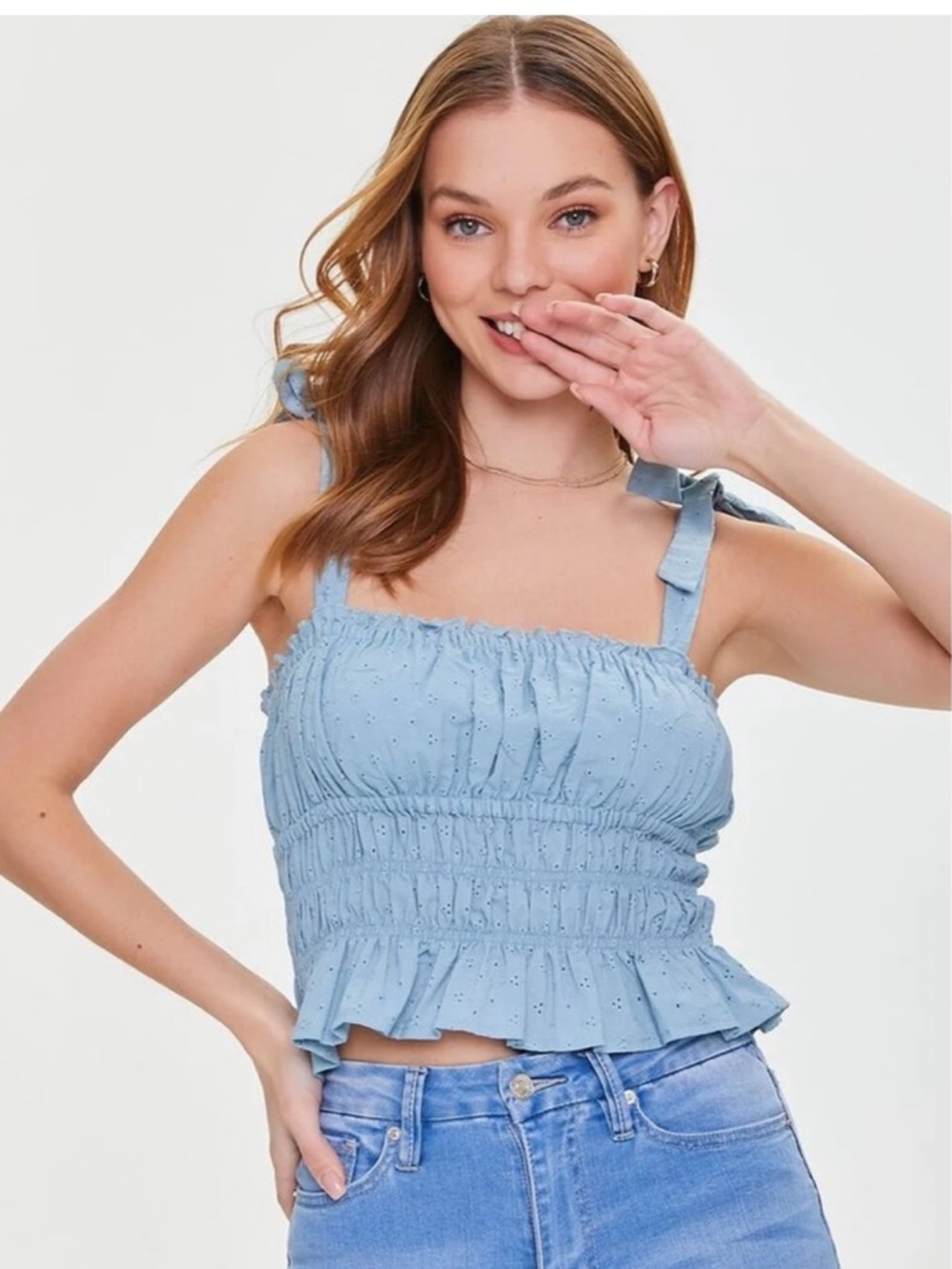 Forever 21 Plus Eyelet Ruffle Top with Tie Shoulders in Light Blue